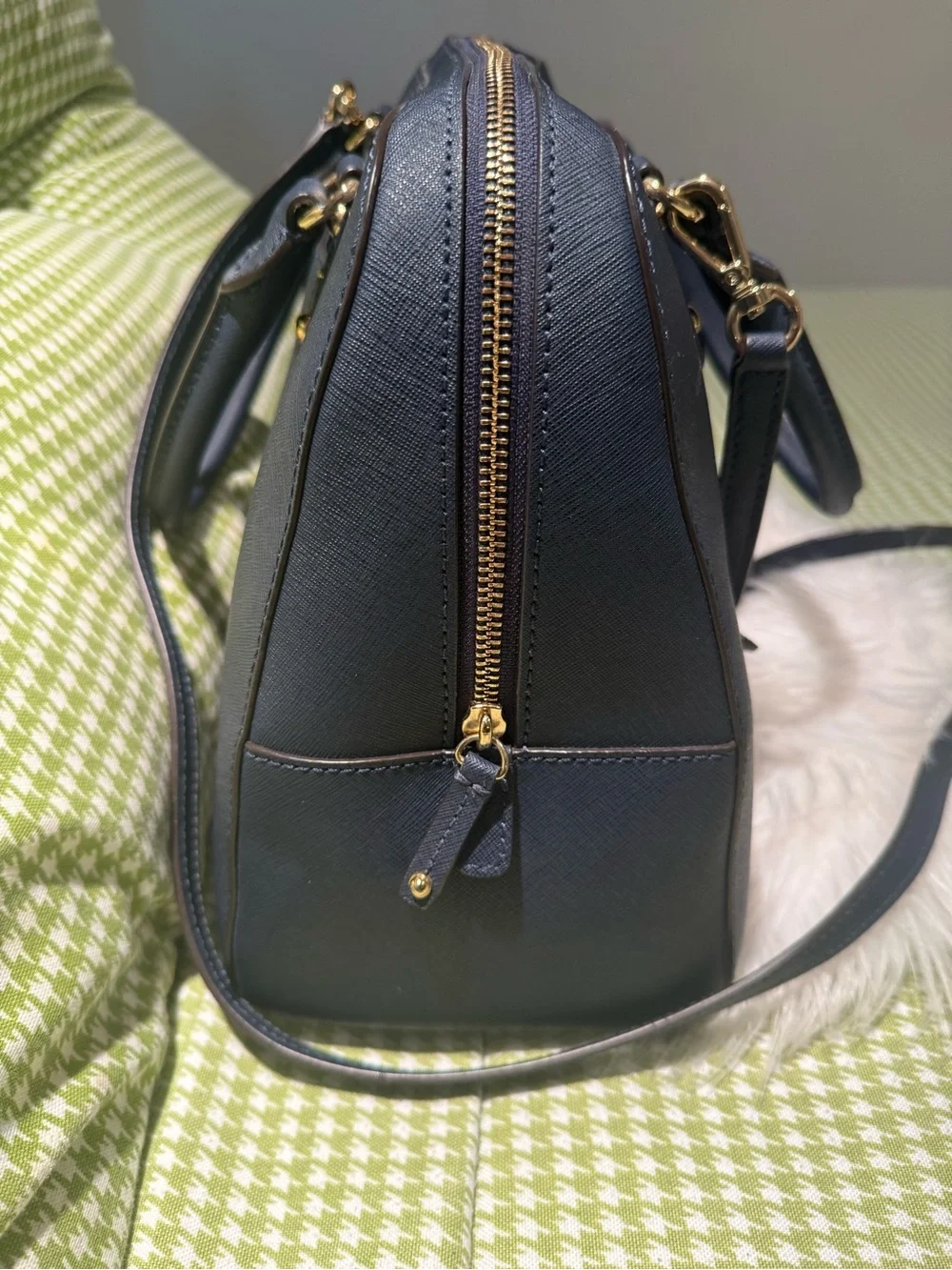Michael Kors Navy Saffiano Dome Satchel with Gold Hardware
